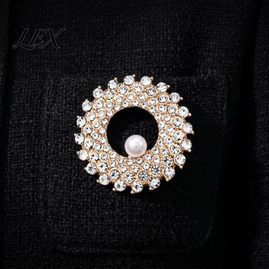 Circle Lapel Pin Hollow Rhinestone Ring Brooch Pin, Bling Daily Wear with Faux Pearl, Men Women Clothing Jewelry Accessories Alloy