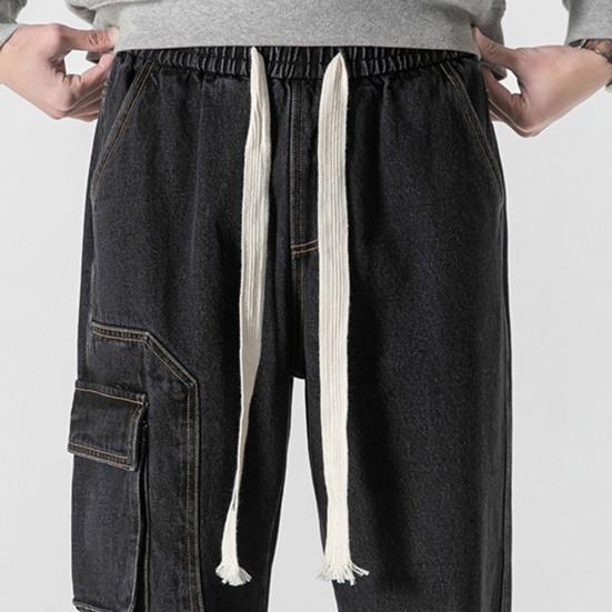 Мужские летние повседневные джинсы с эластичной резинкой на талии, прямые широкие джинсовые брюки с несколькими карманами, дизайнерские длинные брюки, уличная одежда