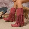 Plus Size Flock Velvet Material Wood Grain Coarse Heel Fringe Fine Strip Slip On Women's Mid-Calf Boots Plush Lining Knight Boot