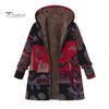 Women Winter Coat Retro Floral Print Hooded Thick Plush Zip-up Heat Retention Long Sleeves Mid Length Pockets Leisure Daily Wear Jacket