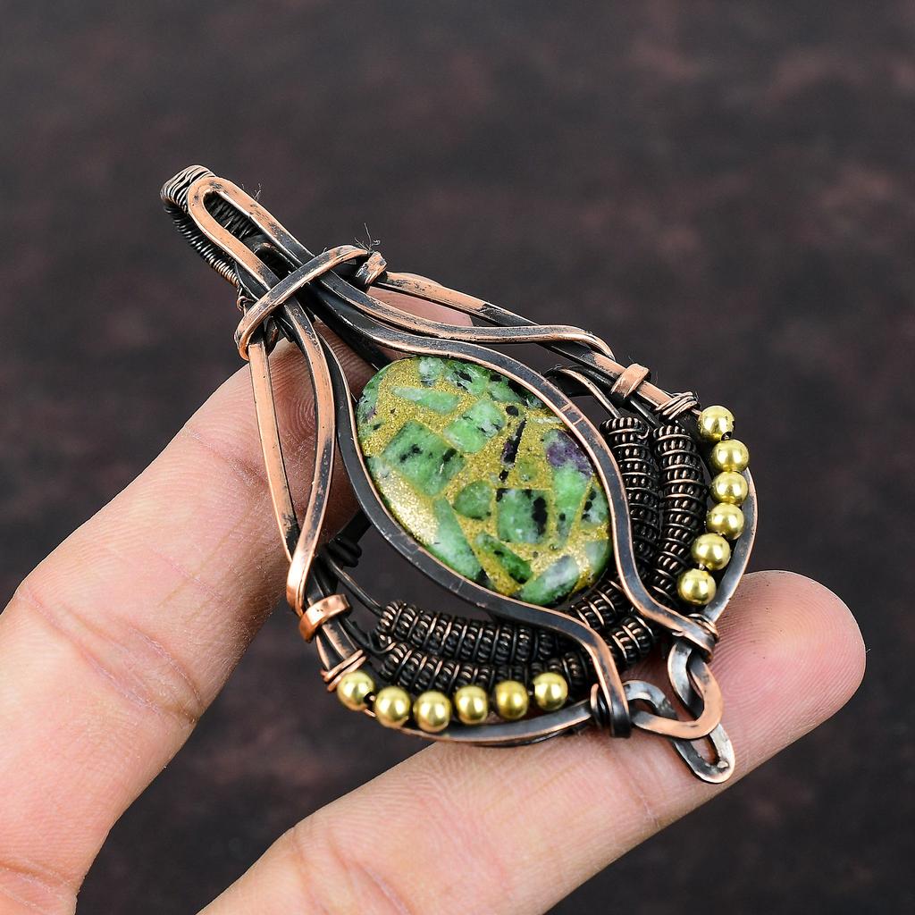 Copper Ruby Zoisite Pendant Copper Wire Wrapped Pendant Handmade Brand New Pendant Copper Wire Wrap Jewelry Gift For Mother Gemstone Pendant