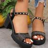 Fashion Fashion Mesh High Heel Sandals for Women Summer Rivet Backstrap Open Toe Sandal Ladies Office Ladies Square Heel Sandalias Mujer