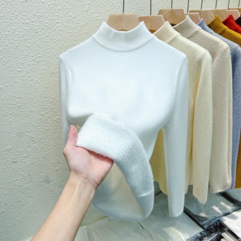 Autumn Warm Velvet Knitted Women's Sweater Casual Winter New Thicken Half High Collar Base Pullover Sweaters Elegant Solid Slim Plush Knitwears 25206