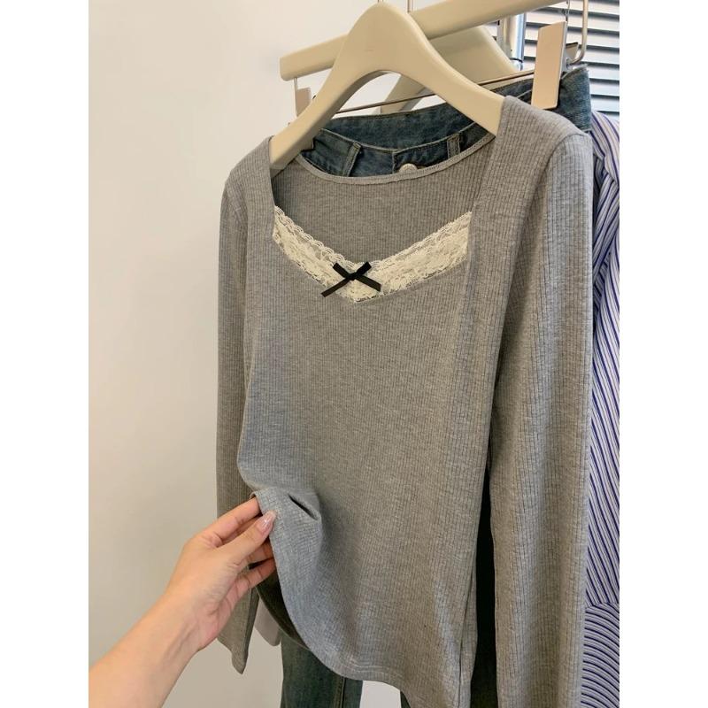 Кружевная лоскутная футболка с длинным рукавом для женщин, тонкие серые хлопковые футболки с бантом и v-образным вырезом, осенние повседневные милые милые топы Harajuku Y2k