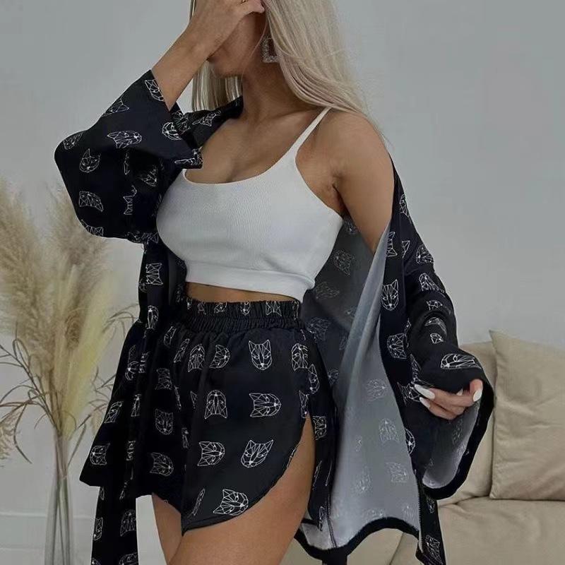 Loose Printed Women's Suits, Casual Lace-up Long-sleeved Pajamas, High-waisted Shorts, Home Service