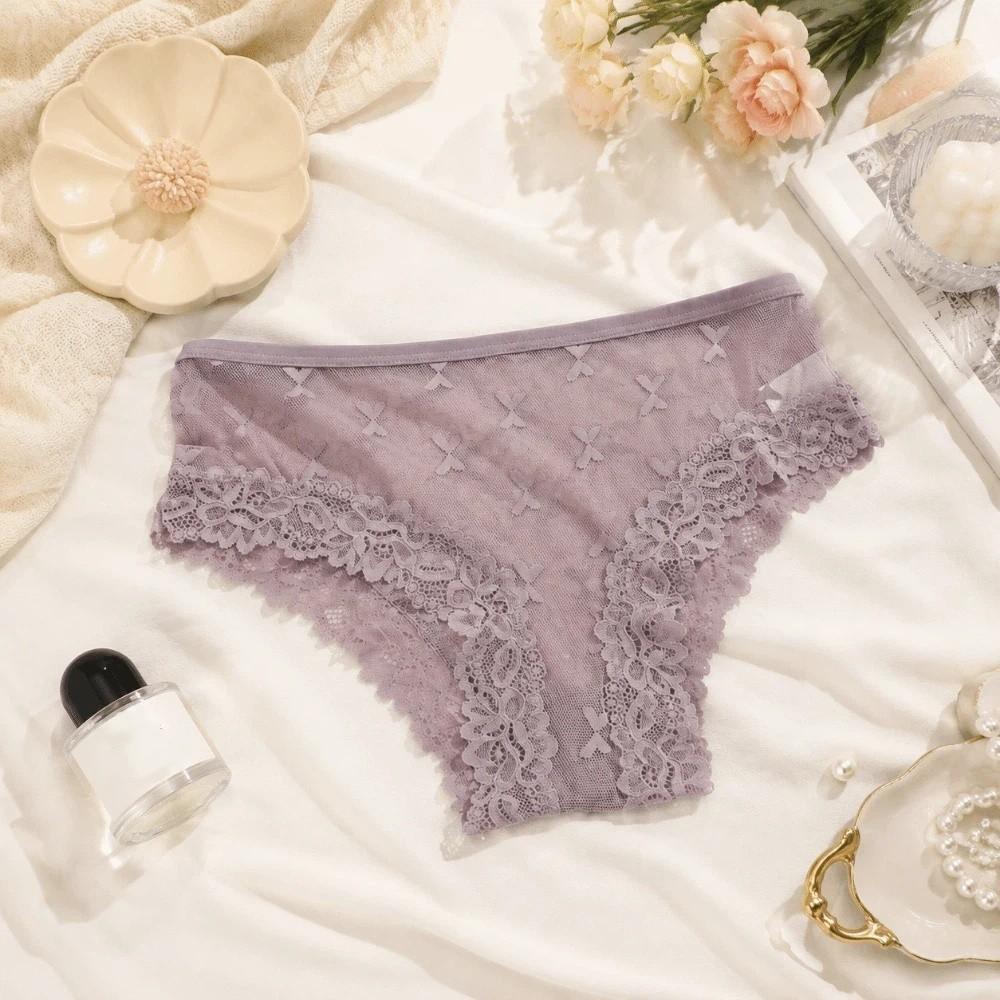 Seamless Lace Trim Briefs Transparent Women Lace Panties Breathable Sheer Mesh Underwear Girls
