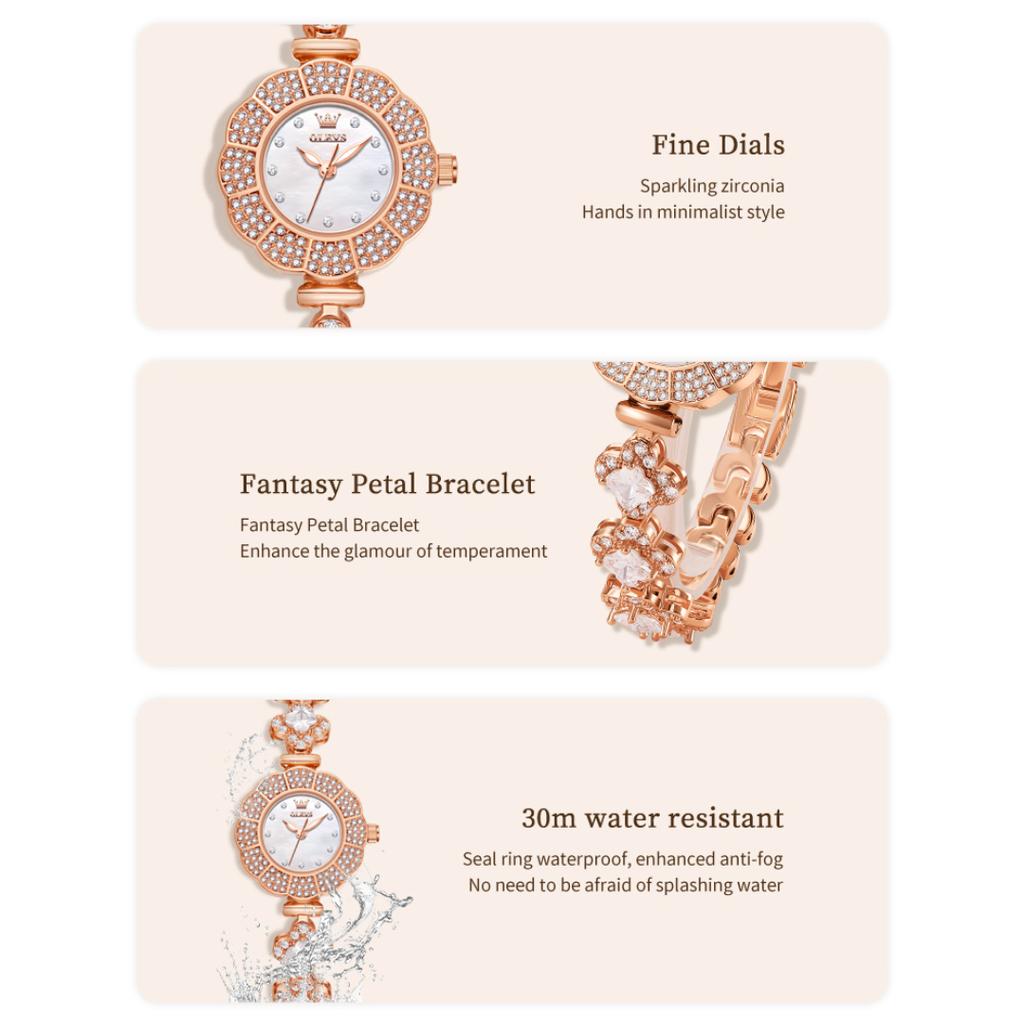 Ladies' Light Luxury Fashion Watch Full Diamond Inlaid Petal Shaped Dial Valentine's Day Gift Creative Quartz Watch