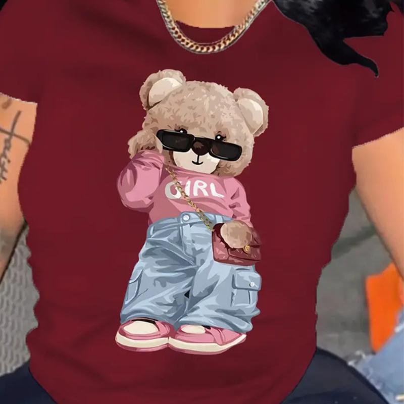 Футболка с милым принтом медведя, короткий рукав, круглый вырез, повседневный топ для лета и весны, женская одежда