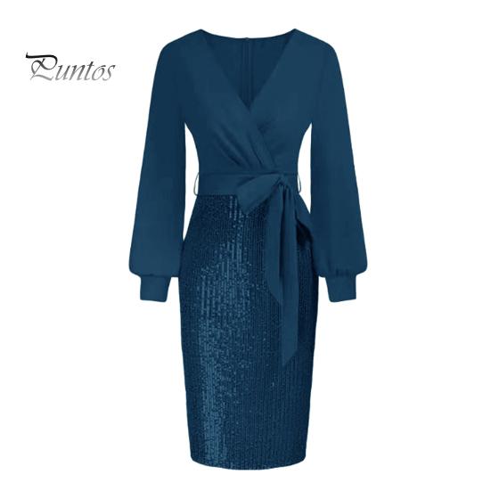 Женское вечернее платье с V-образным вырезом, облегающее платье-футляр с длинными рукавами, пайетками, шнуровкой на талии, длиной до колена, мини-платье для офиса, банкета, деловой поездки