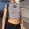 Брендовая мода Звездный принт круглый вырез тонкий майка Индивидуальная контрастная обтягивающая футболка для горячей девушки Уличный тренд супер короткий укороченный топ