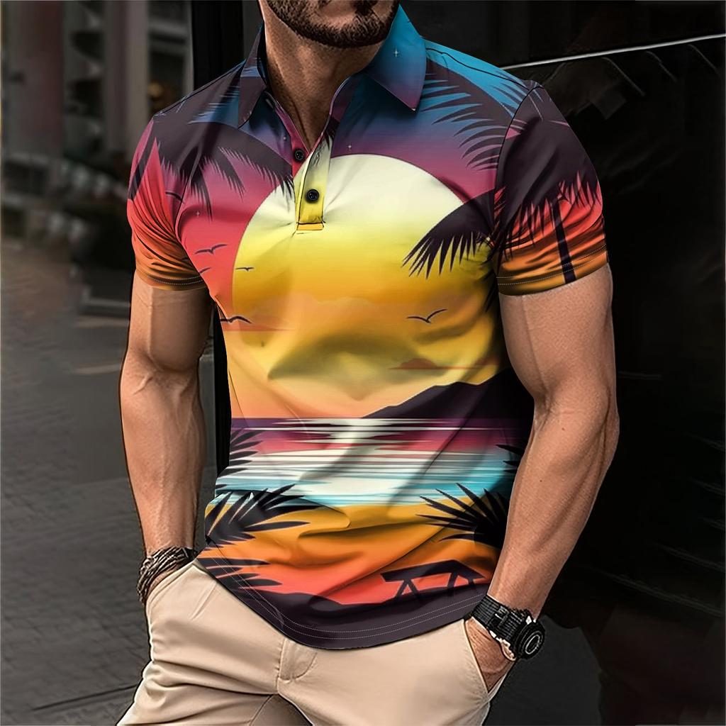 Мужская рубашка для гольфа с гавайским принтом, повседневная спортивная, с V-образным вырезом и коротким рукавом
