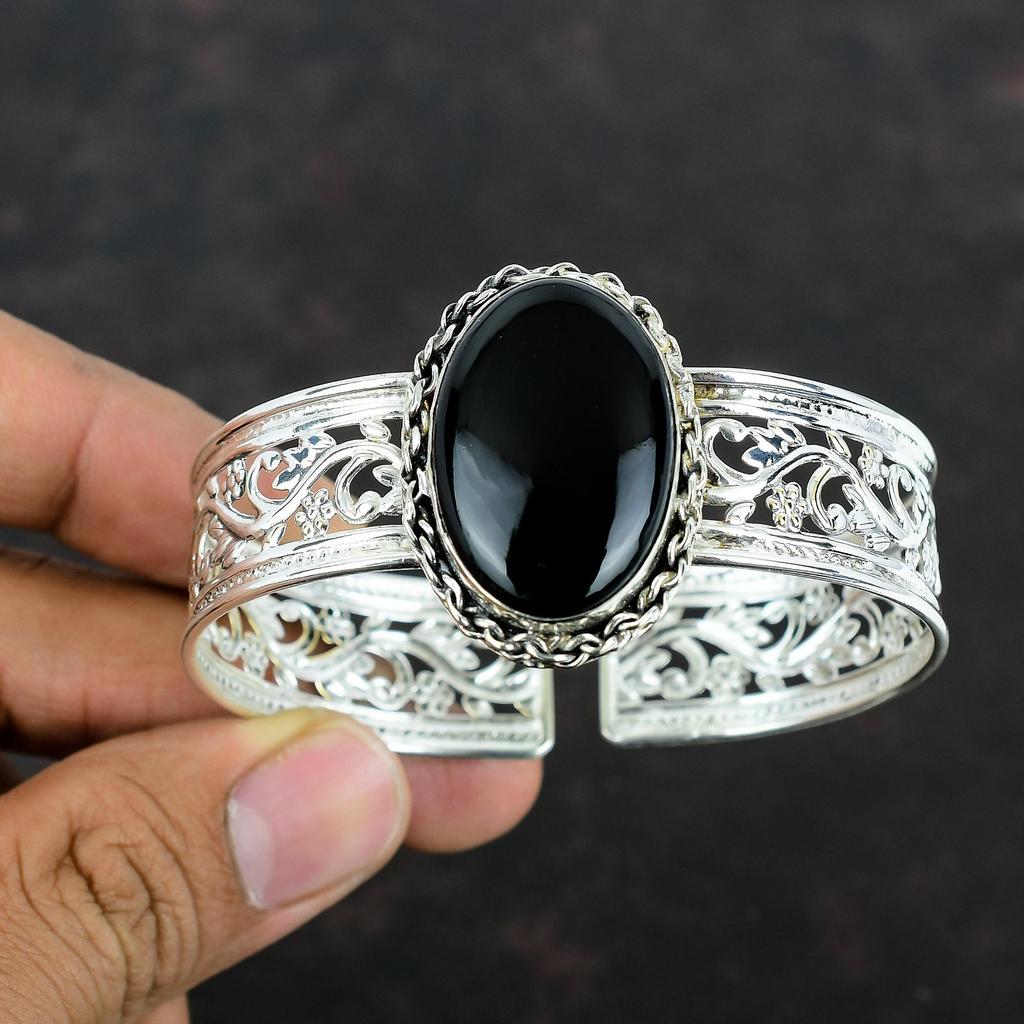 Black Onyx Bangle Gemstone Cuff Bracelet 925 Sterling Silver Bangle Handmade Jewelry Adjustable Cuff Natural Black Onyx Jewelry Gift For Mom