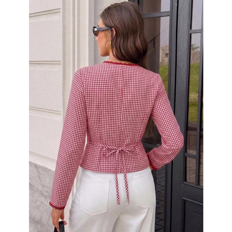 Women S Sweet Plaid Long Sleeve Shirt Lace Trim Fitted Short Blouse