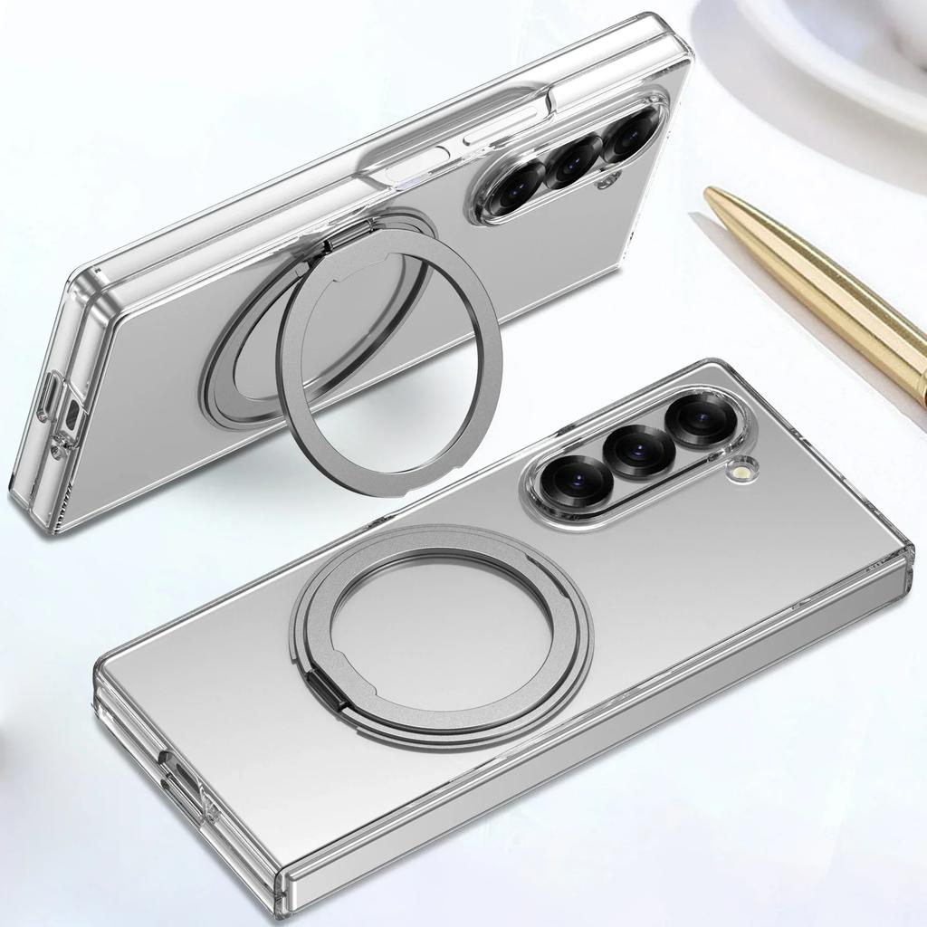 Transparent 360° Rotating Magnetic Holder Phone Case for Samsung Galaxy Z Fold 7 6 5 4 3 Wireless Charging Hard Shockproof Cover
