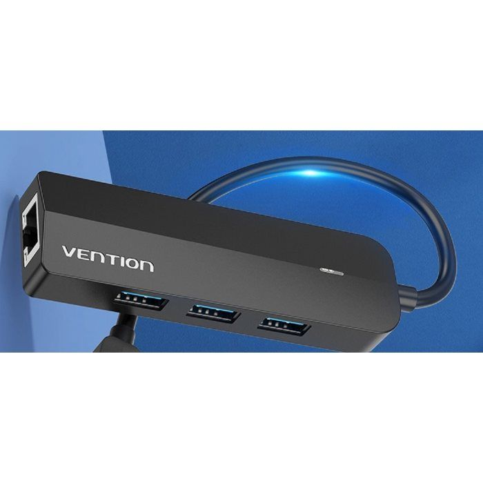Vention 5-in-1 USB-C To 3x USB 3.0 / RJ45 Gigabit Ethernet Adapter / Micro-B HUB 0.15M Black ABS Typ