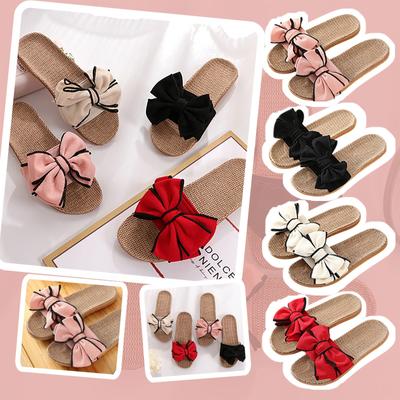 Женские удобные льняные тапочки без шнуровки с закрытым носком и бантом