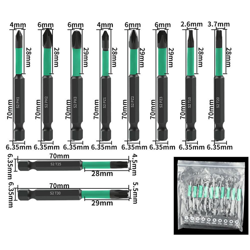 10Pcs Magnetic Hex Shank Electric Drill Bits Set S2 Alloy Steel Phillips Pozidriv Torx Bits