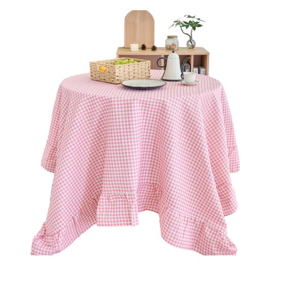 Tablecloth Farmhouse Style Plaid Pattern Ruffled Edge Tablecloth Round Shape Soft Cotton Linen Fabric Cloth Table Cover