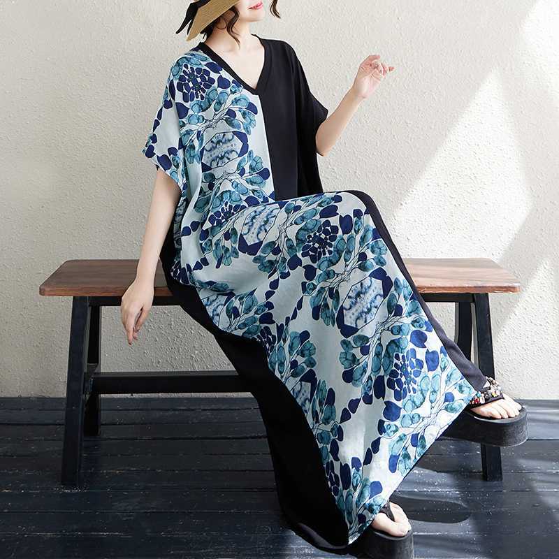 Women's Cotton and Linen Retro Slimming Short Sleeved Color Blocked Dress