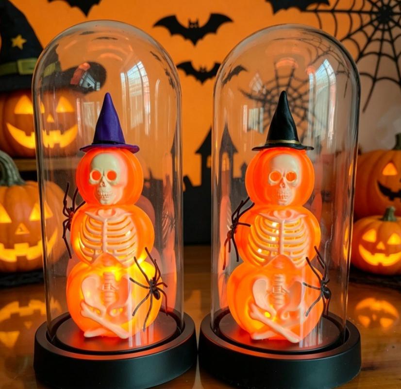 Halloween Skeleton Night Light Glass Pumpkin Lamp with Wooden Base for Bedroom Home Decor Gift