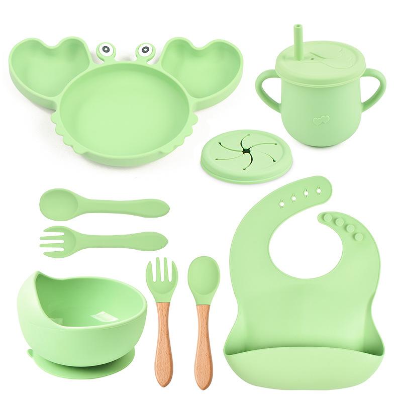 9PCS/Set Baby Silicone Tableware Set Baby Feeding Dishes BPA Free Bowl Plate Bibs Spoon Fork Sets Children Non-slip Dinnerware