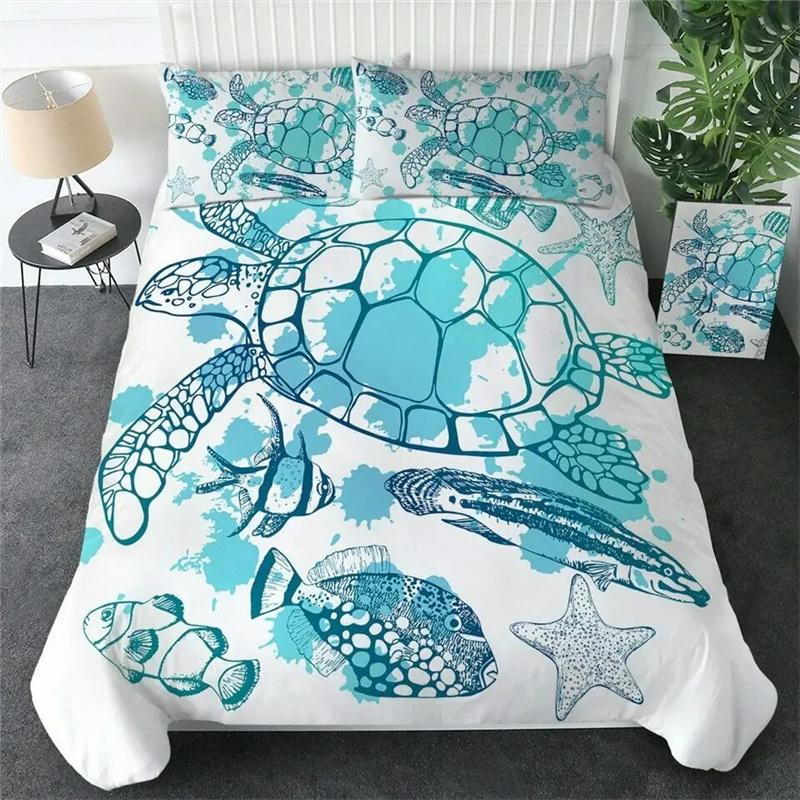 Sea Turtle Bedding Ocean Duvet Cover Set Teal Mediterranean Style Marine Themed Ocean Polyester Bedding Set Queen King Twin Size