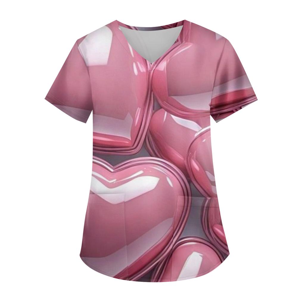 Женская модная футболка с V-образным вырезом, карманом и короткими рукавами с принтом ко Дню святого Валентина, униформа и топ для воспитателя