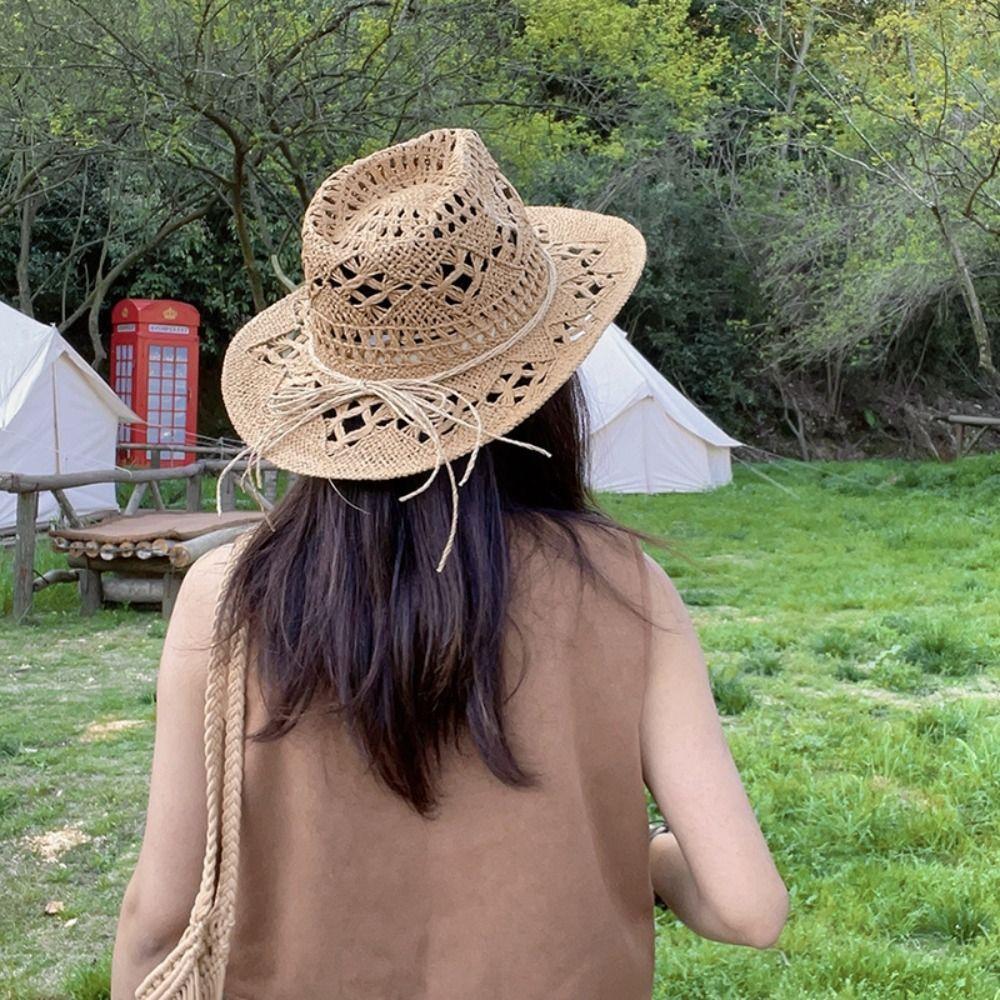Woven Hollow Straw Hat Curled Sun Hat Vintage Western Cowboy Cap  Fishing