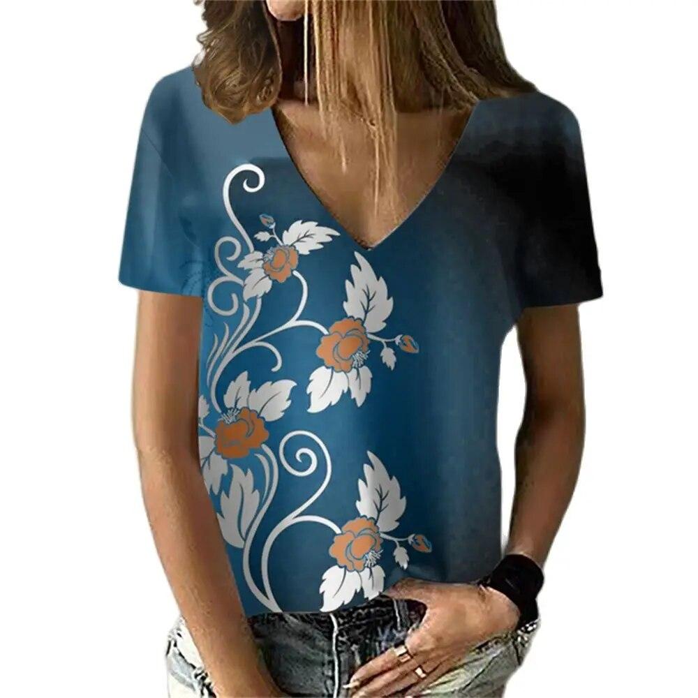 Versatile Sexy V-neck Women's T Shirt Flower 3D Print Summer Short Sleeve Fashion Street Harajuku Comfortable Ladies Tee Casual