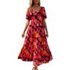 Casual Women's Summer Dresses Puff Sleeve Floral Maxi Dress Gathered Open Back Flowing Layered Beach Maxi Dress