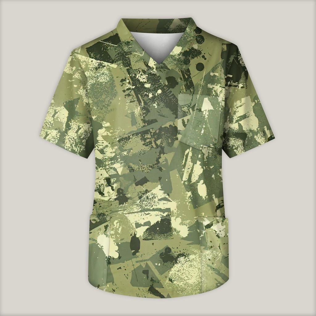 Мужская рабочая блузка с короткими рукавами и v-образным вырезом с принтом, топ с нагрудным карманом