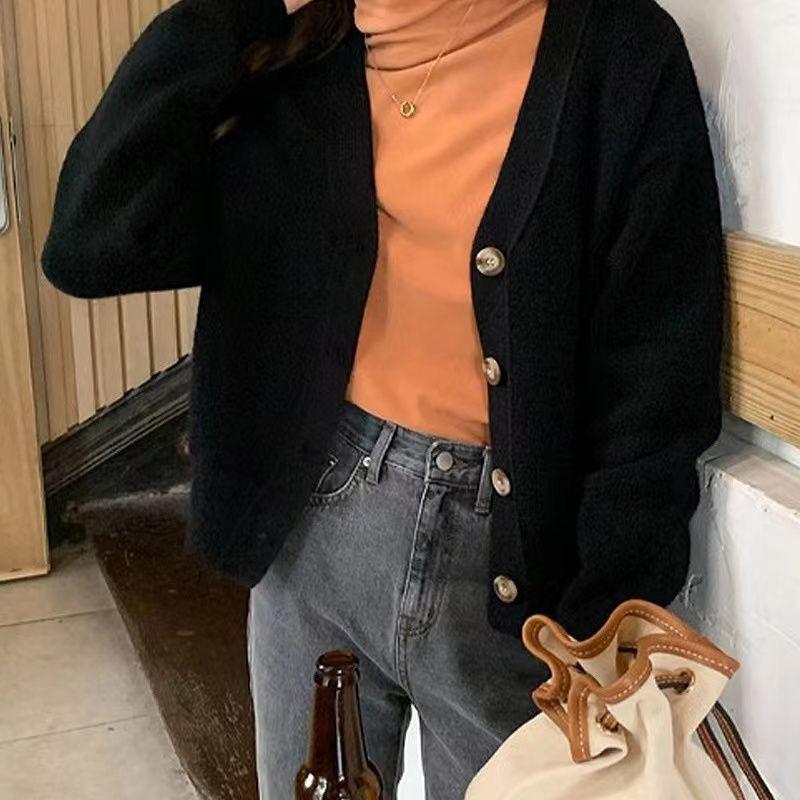 Кардиган, женский свитер с v-образным вырезом, повседневный и универсальный осенне-зимний повседневный однотонный вязаный свитер с v-образным вырезом и длинными рукавами, женский топ