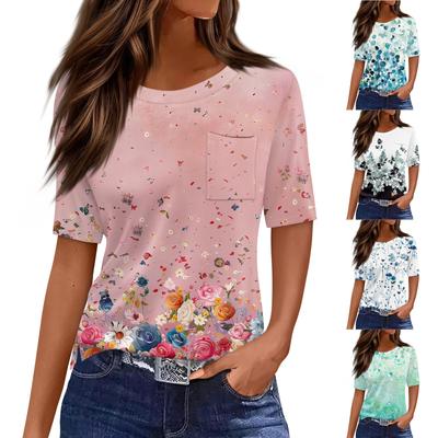 Футболки для женщин с круглым вырезом, нарядные повседневные блузки с принтом, короткие рукава, летние топы свободного кроя