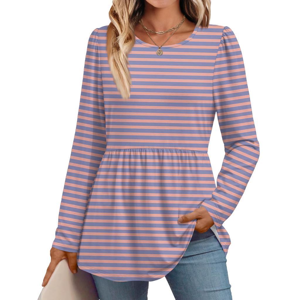 Women's Casual Fashion Long Sleeve Shirt Striped Tunic Top