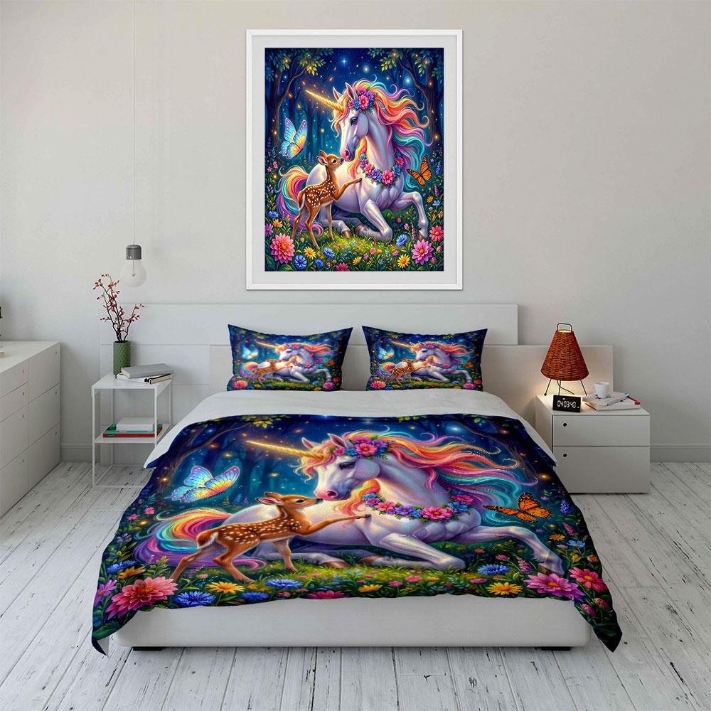 Enchanted unicorn and fawn in forest Pattern Duvet Cover Set Digital Print Colorful Polyester Bedding with Zipper Closur gifts