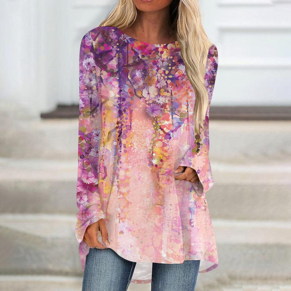 Women's Fashion Casual T-shirt Gradient Long Sleeve Round Neck Medium Long Top