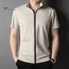 Men Summer Shirt Cardigan Zipper Closure Stand Collar Solid Color Slim Fit Stretchy Good Breathability Casual Daily Wear Sport Tennis Golf Office