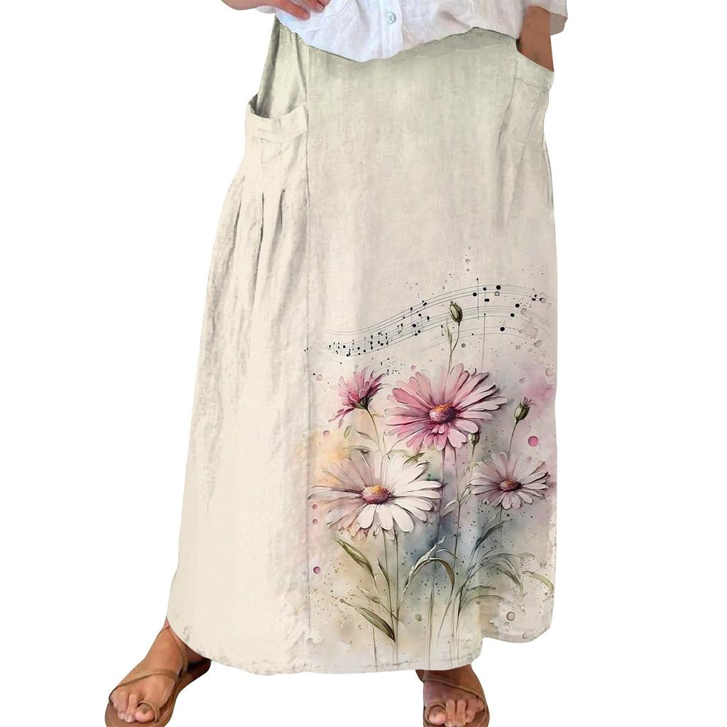Women Casual Loose Boho Elastic Waist A-Line Beach Flowy Swing Vacation Maxi Skirt With Pocket