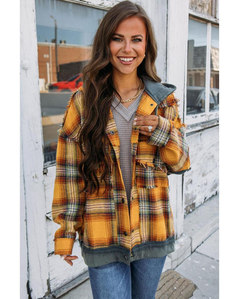 Azura Exchange Plaid Patch Hooded Frayed Snap Button Jacket