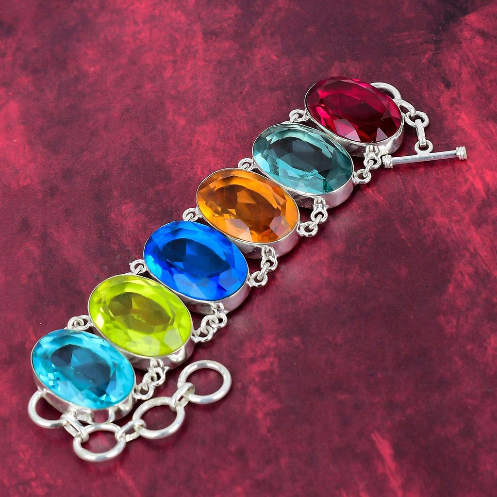 Multi Color 925 Solid Sterling Silver Bracelet With Adjustable Chain, Handmade Gemstone Bracelet Jewelry, Gifts For Wife Brand New Bracelet