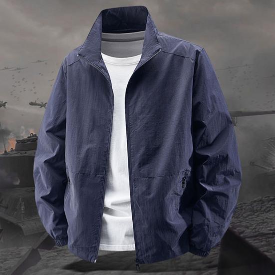 Мужская куртка с воротником-стойкой, длинным рукавом, на молнии, весенне-осеннее пальто с карманами, однотонная