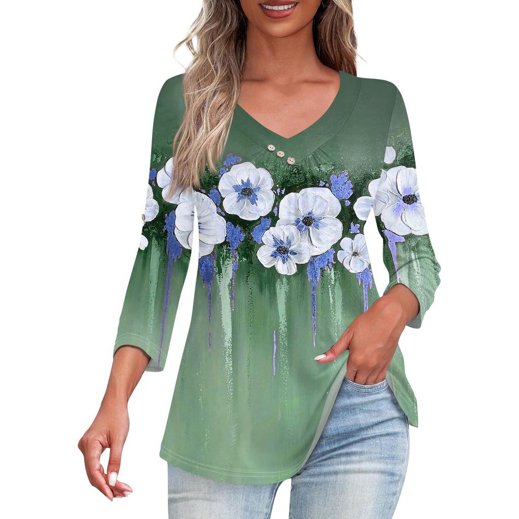 Рубашки для женщин, модные футболки на пуговицах с v-образным вырезом, повседневные летние футболки с принтом, футболка, блузка, топы с рукавами три четверти для женщин