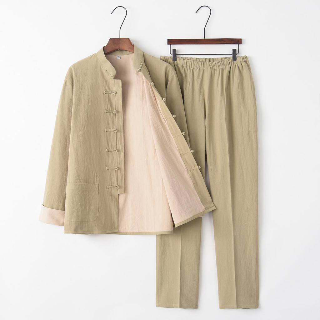 Men's Double-Layer Cotton Linen Tang Suit Set for Autumn/Winter: Zen Meditation & Tea Wear