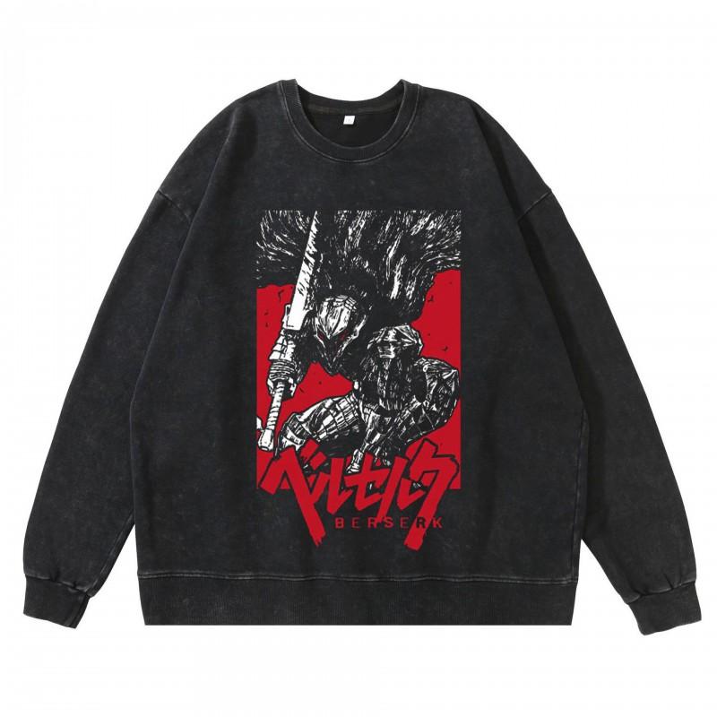 Heavyweight 360g Washed Vintage Berserk Anime Streetwear Cotton Pullover Hoodie Men