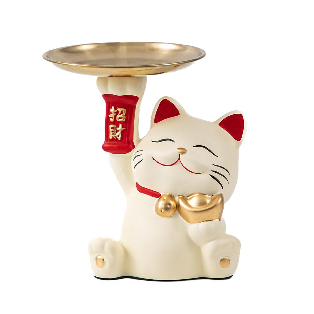 Lucky Cat Statue Jewelry Tray Cute Resin Cat Storage Tray Tabletop Organizer for Home Bookshelf Living Room Cabinet Bedroom