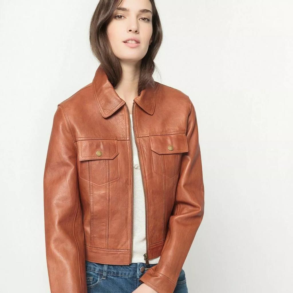 Brown Genuine Lambskin Leather Women Party Soft Handmade Casual Shirt Stylish
