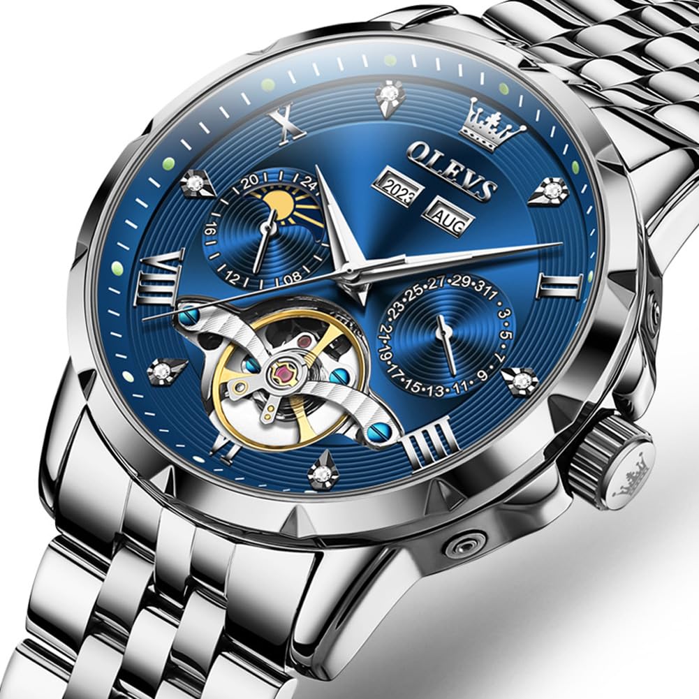 OLEVS механические автоматические часы с фазами Луны стильные скелетонированные водонепроницаемые популярные светящиеся часы для мужчин синие мужские