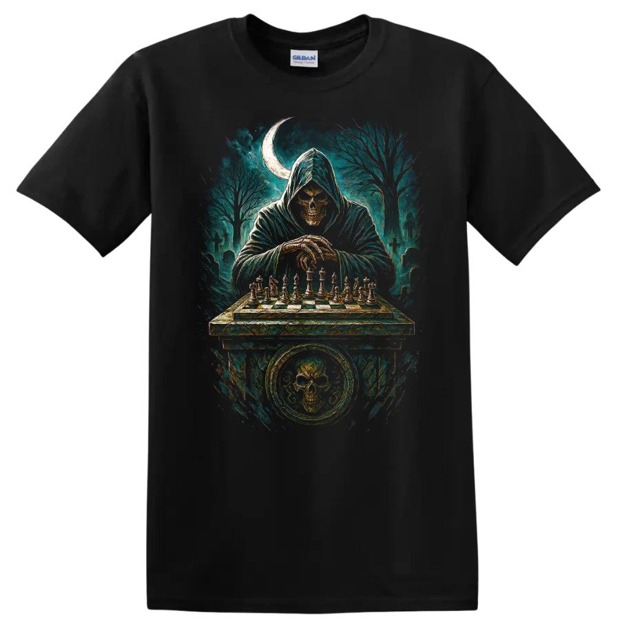 Chess Grim Reaper T Shirt Dark Fantasy Design Skull Ghostly Tee