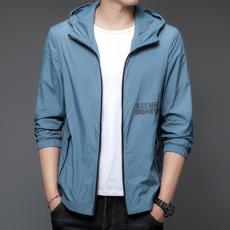 Мужская летняя, новый стиль, карман с боковым швом, повседневная тонкая молодежная куртка на молнии с капюшоном и защитой от солнца
