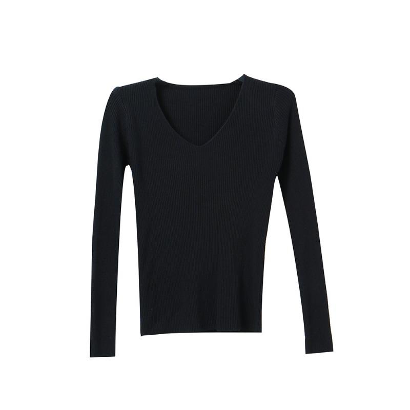 Новый V-образный вырез, облегающий, универсальный, короткий, однотонный, с длинными рукавами, свитер, вязаный снизу, свитер для женщин